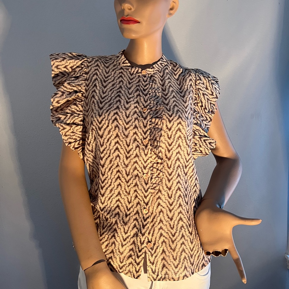 Women's Ruffle Sleeve Top - Black and White